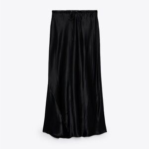 Zara Black Satin Midi Skirt with Drawstring Waist